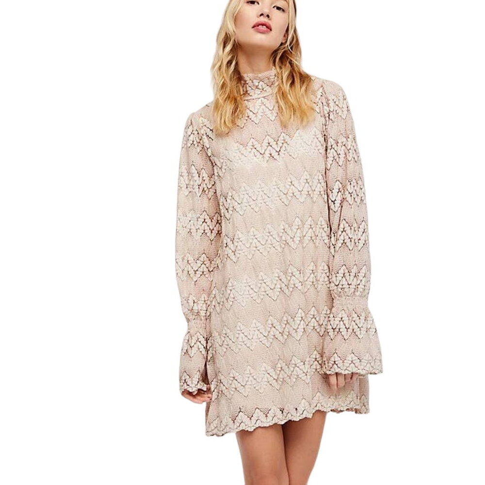 Free People Simone Lace Dress Long Sleeve Mini Sheer Bell Sleeve Beige Crochet M